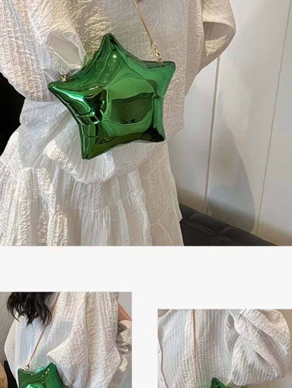 Star Shaped Metallic Green Crossbody Purse with Gold Chain Strap